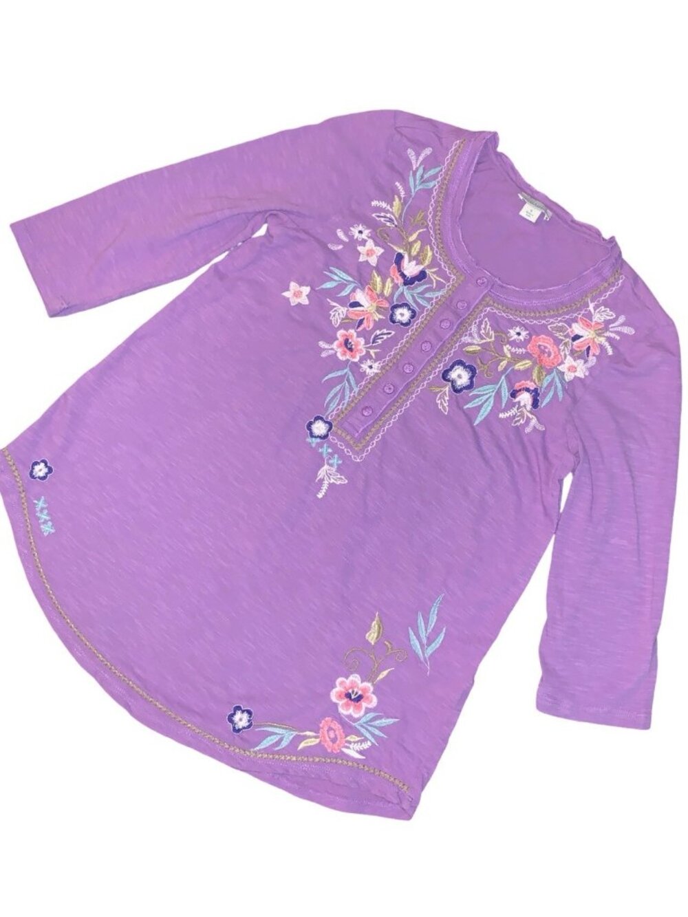 Sundance Embroidered Boho Blouse Purple Floral Henley Blouse Top S Tunic Peasant